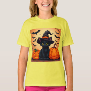 Schattige zwarte kat in heksenhut omringd door pom t-shirt