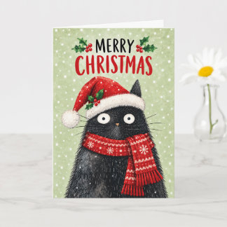 Schattige zwarte kat in kerstmuts en sjaal Kerstka Kaart