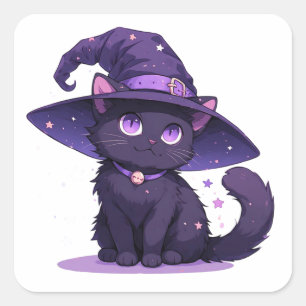 Schattige Zwarte Kat In Paarse Heksenhoed Magie ✨ Vierkante Sticker