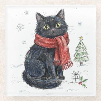 Schattige Zwarte Kat in Rode Sjaal Kerstboom Winte Glazen Onderzetter