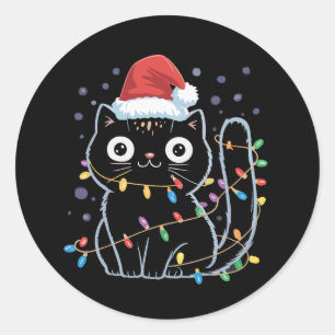 Schattige Zwarte Kat Kerstman Kerstverlichting Meo Ronde Sticker