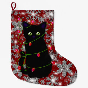 Schattige zwarte kat Meowy Kerstmis glinsterende s Grote Kerstsok