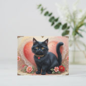 Schattige zwarte kat met bloemen briefkaart (Staand voorkant)