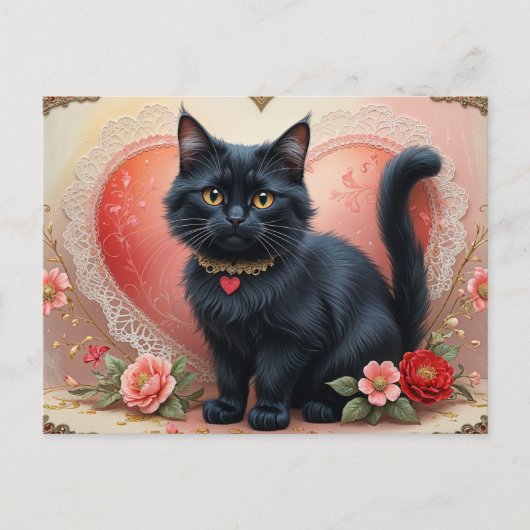 Schattige zwarte kat met bloemen briefkaart (Voorkant)