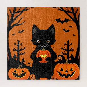 Schattige Zwarte Kat met Halloween Pompoenen Legpuzzel