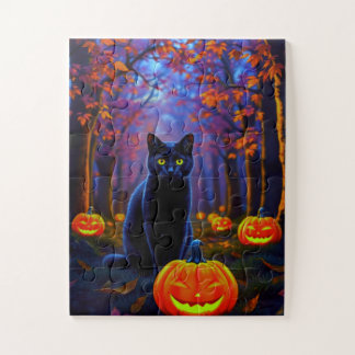 Schattige zwarte kat met Halloween pompoenen Legpuzzel