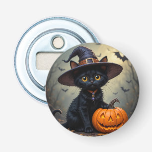 Schattige zwarte kat met heks Pet Button Flesopener