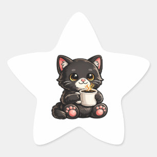 Schattige Zwarte Kat met Koffie Ster Sticker