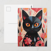Schattige zwarte kat met roze bloemen briefkaart (Voorkant / Achterkant)