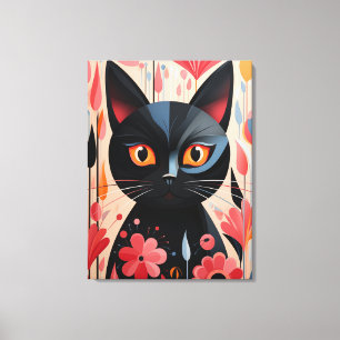 Schattige zwarte kat met roze bloemen canvas afdruk
