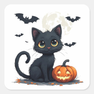 Schattige Zwarte Kat Met Vleermuizen Halloween 🎃 Vierkante Sticker