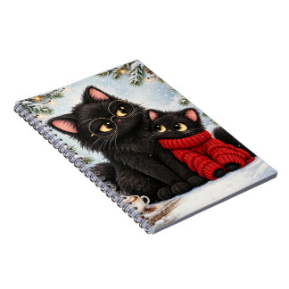 Schattige zwarte kat moeder en kitten winter spira notitieboek