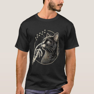 Schattige Zwarte Kat Neus Skelet Hand Grappige Hal T-shirt
