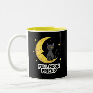 Schattige Zwarte Kat op Maan - Volle Maan Vriend Tweekleurige Koffiemok