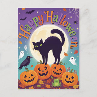 Schattige Zwarte Kat Pompoen Gelukkig Halloween An Feestdagenkaart