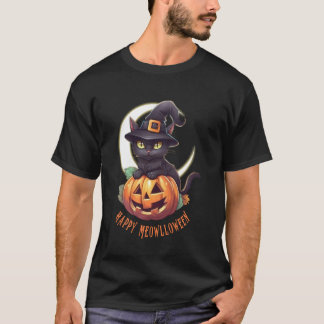 Schattige Zwarte Kat & Pompoen Gelukkig Meowllowee T-shirt
