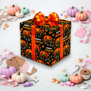 Schattige Zwarte Kat Pompoen Halloween Cadeaupapier