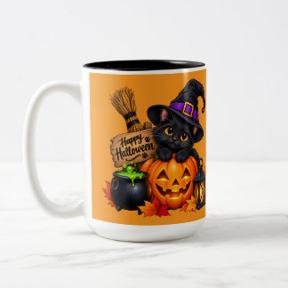 Schattige Zwarte Kat & Pompoen Halloween Ontwerp Tweekleurige Koffiemok
