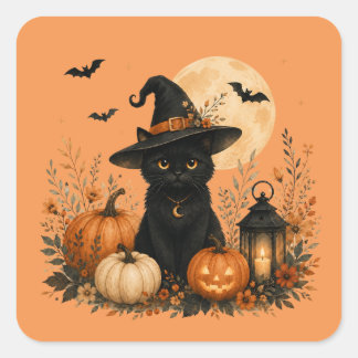 Schattige Zwarte Kat Pompoen Halloween Vierkante Sticker