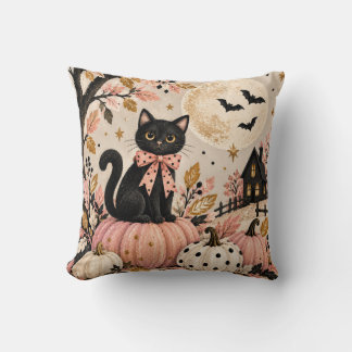 Schattige Zwarte Kat & Roze Halloween Pompoenen Kussen