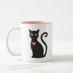 Schattige zwarte kat & roze hart tweekleurige koffiemok