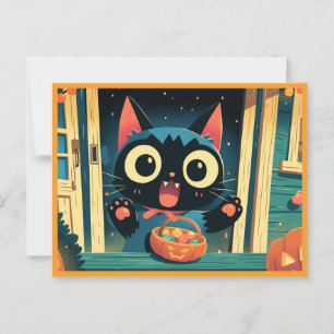 Schattige Zwarte Kat Trick or Treat Halloween Briefkaart