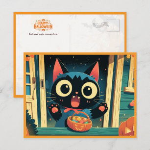 Schattige Zwarte Kat Trick or Treat Halloween Feestdagenkaart