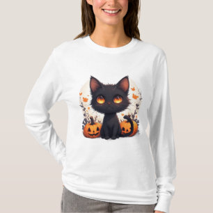 Schattige Zwarte Kat Zitgend in Jack O Lantern Pom T-shirt