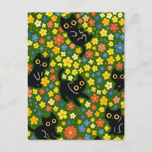 Schattige Zwarte Katten Bloemrijke Weide Patroon Briefkaart