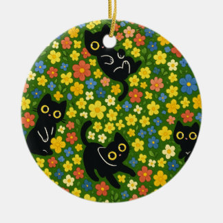 Schattige Zwarte Katten Bloemrijke Weide Patroon Keramisch Ornament