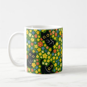 Schattige Zwarte Katten Bloemrijke Weide Patroon Koffiemok