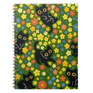 Schattige Zwarte Katten Bloemrijke Weide Patroon Notitieboek
