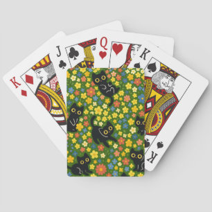 Schattige Zwarte Katten Bloemrijke Weide Patroon Pokerkaarten