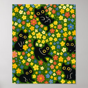 Schattige Zwarte Katten Bloemrijke Weide Patroon Poster