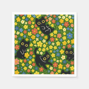 Schattige Zwarte Katten Bloemrijke Weide Patroon Servet