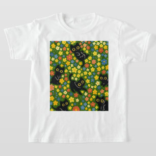 Schattige Zwarte Katten Bloemrijke Weide Patroon T-shirt