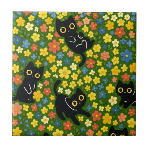 Schattige Zwarte Katten Bloemrijke Weide Patroon Tegeltje