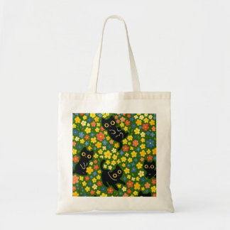Schattige Zwarte Katten Bloemrijke Weide Patroon Tote Bag
