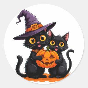 Schattige Zwarte Katten Heks Pompoen Halloween 🐈‍ Ronde Sticker