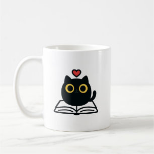 Schattige Zwarte Kawaii Kat Leest Boek Cartoon Koffiemok