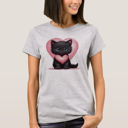 Schattige zwarte Valentijn kitten T-shirt (Voorkant)