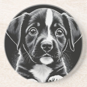 Schattige Zwarte & Witte Puppy – Hondenliefhebber Zandsteen Onderzetter