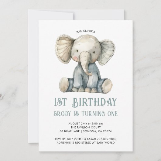 Schattigee 1e Verjaardag Blauw Gevulde Olifant Spe Kaart (Voorkant)