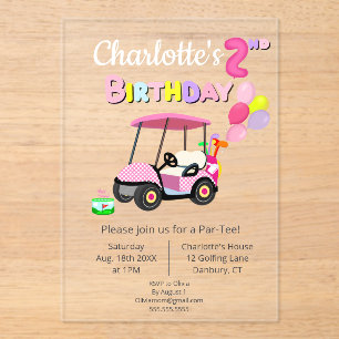 Schattigee 2e verjaardag Polka Dot Pink Girly Golf Acryl Uitnodigingen