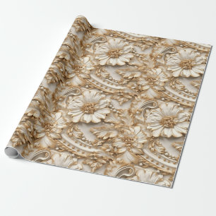 Schattigee 3-D Ivoor/Gouden Kerstbloemen Cadeaupapier
