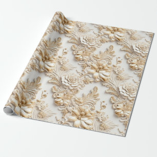 Schattigee 3-D Ivoor/Gouden Kerstbloemen Cadeaupapier