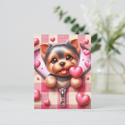 Schattigee 3D Puppy op een roze en witte achtergro Briefkaart (Staand voorkant)