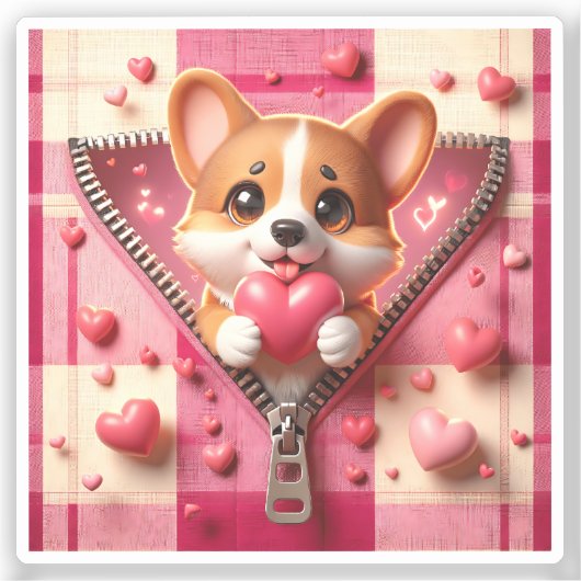 Schattigee 3D Puppy op een roze en witte achtergro Sticker (Voorkant)
