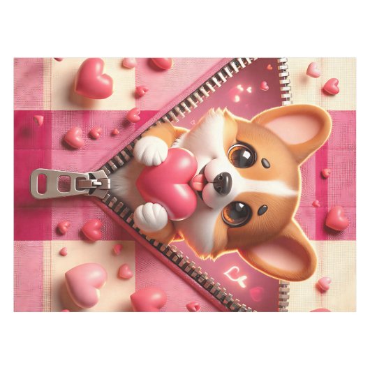 Schattigee 3D Puppy op een roze en witte achtergro Tafelkleed (Voorkant (Horizontaal))