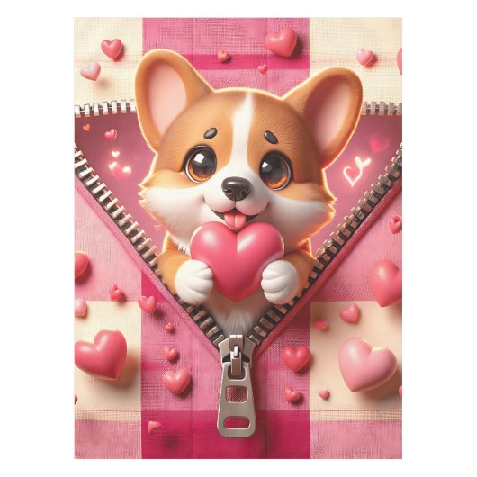 Schattigee 3D Puppy op een roze en witte achtergro Tafelkleed (Voorkant)